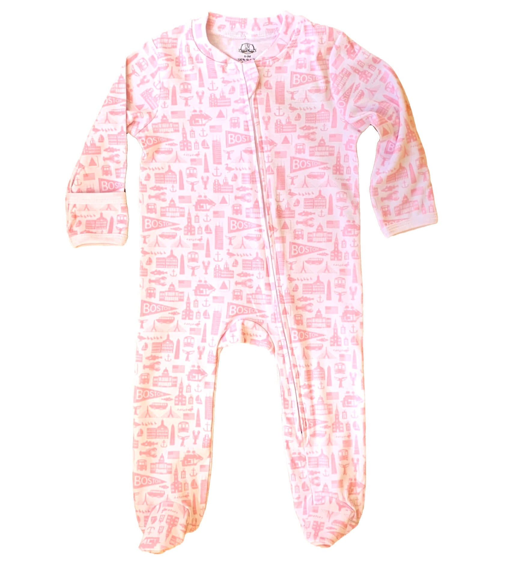 white and pink onesie with boston icon designs all over