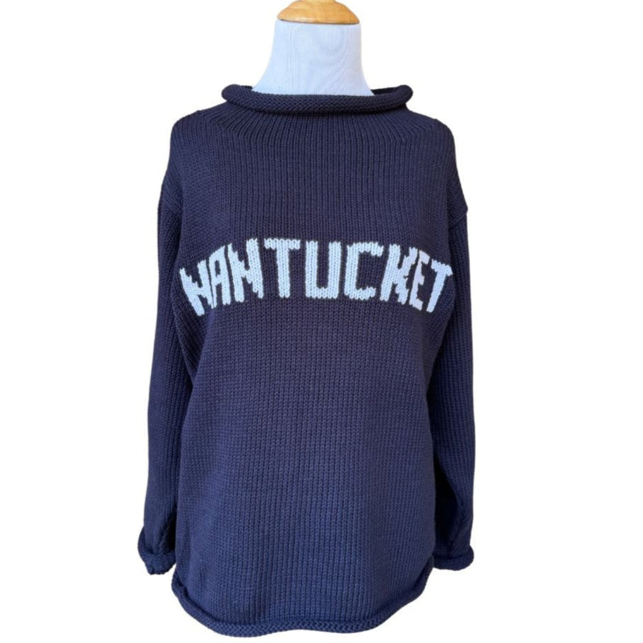 navy sweater with NANTUCKET written in white