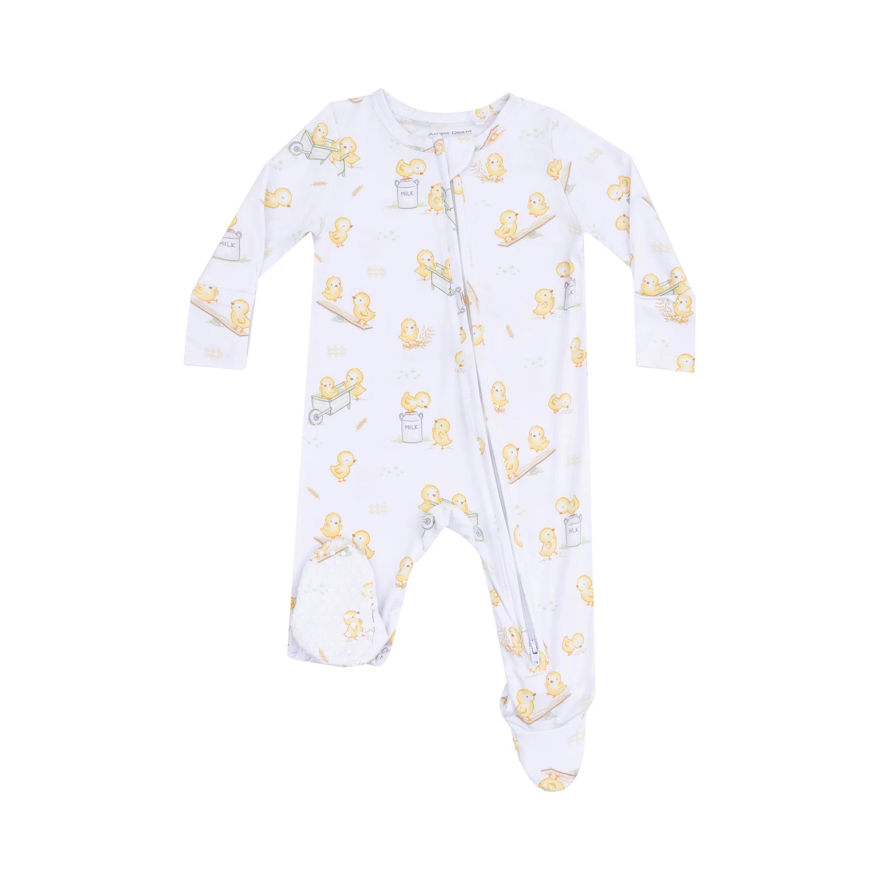 white baby footie with chicks design