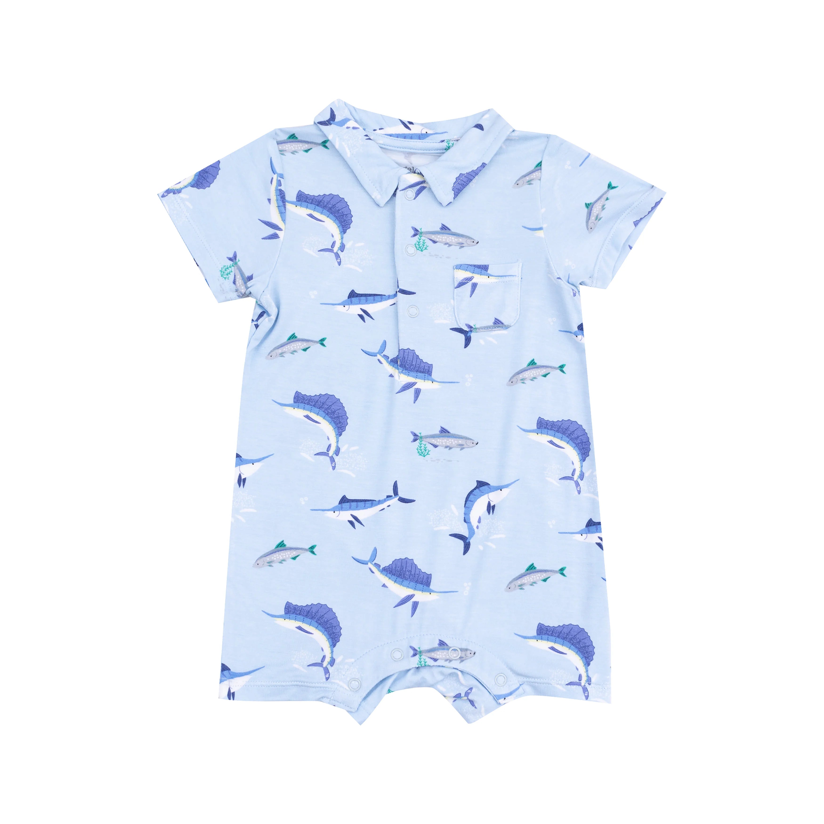 blue polo shortie with big fish printed all over