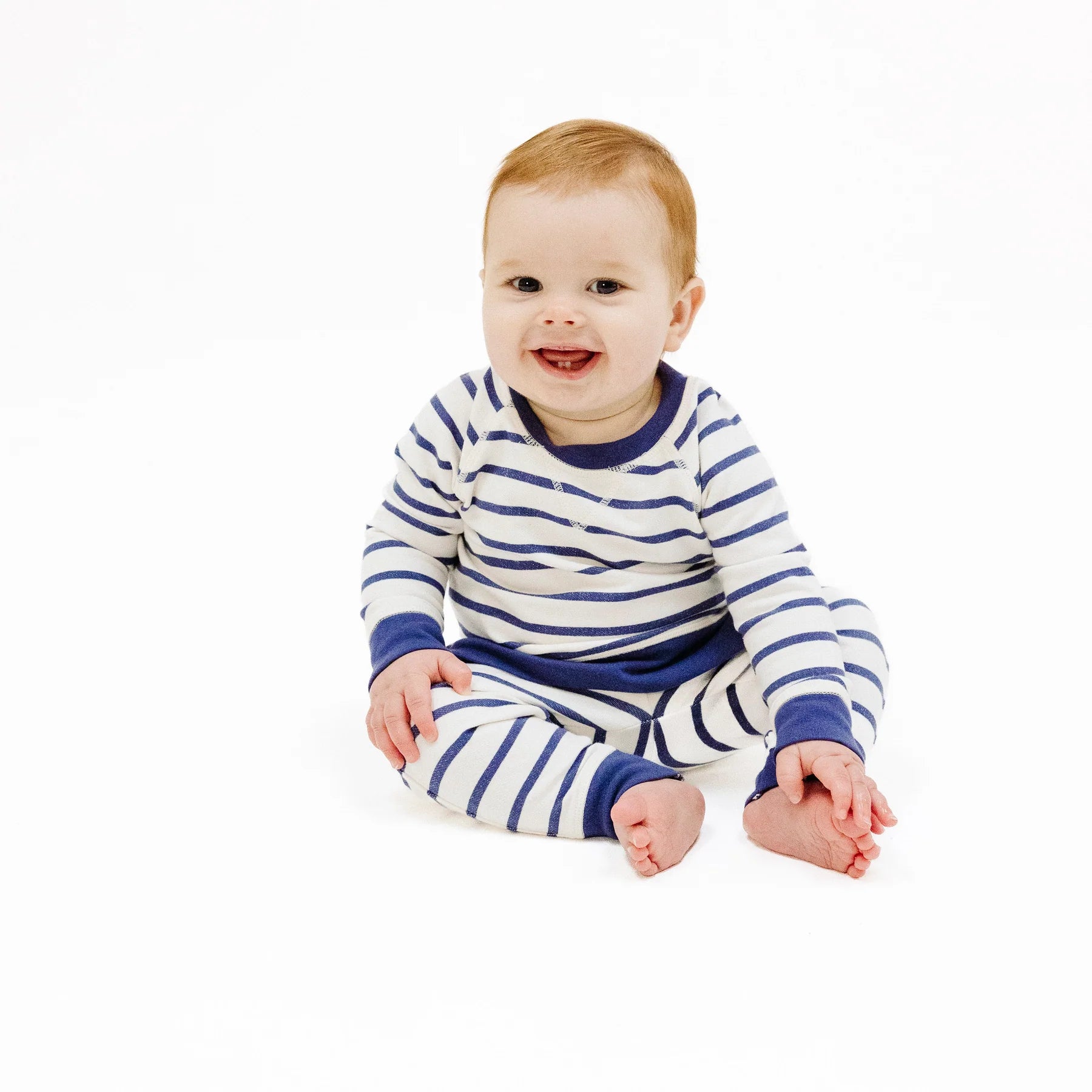 navy and white striped french terry sweatshirt and jogger kids set