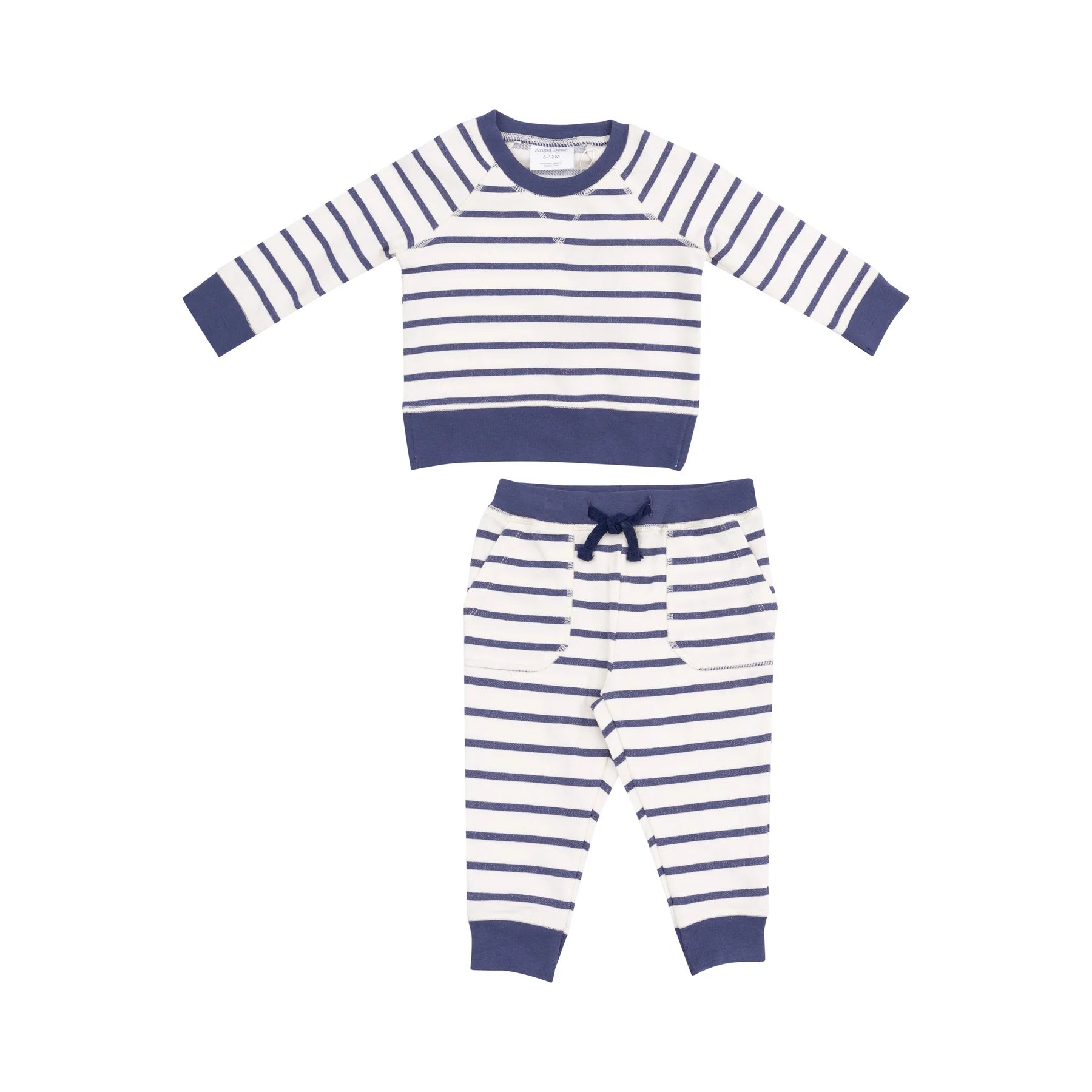 navy and white striped french terry sweatshirt and jogger kids set