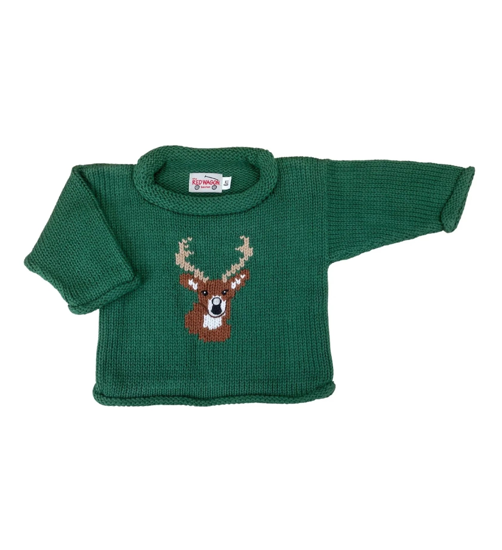 green long sleeve sweater with brown buck head