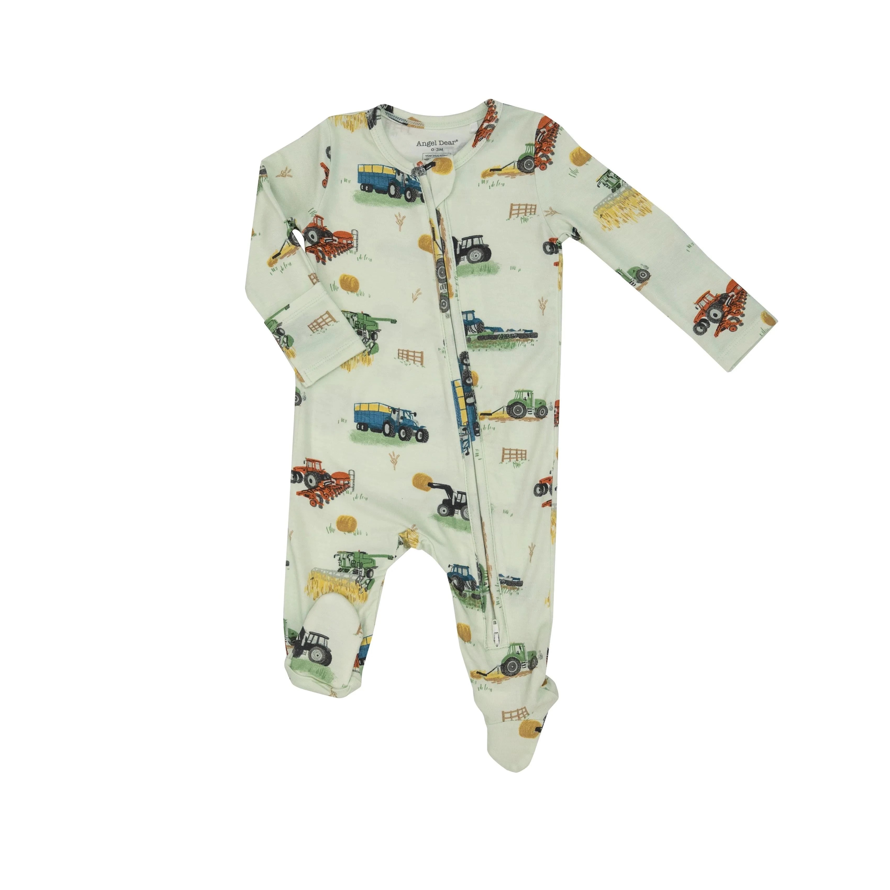 long sleeve green footie with red, green and blue farm machines