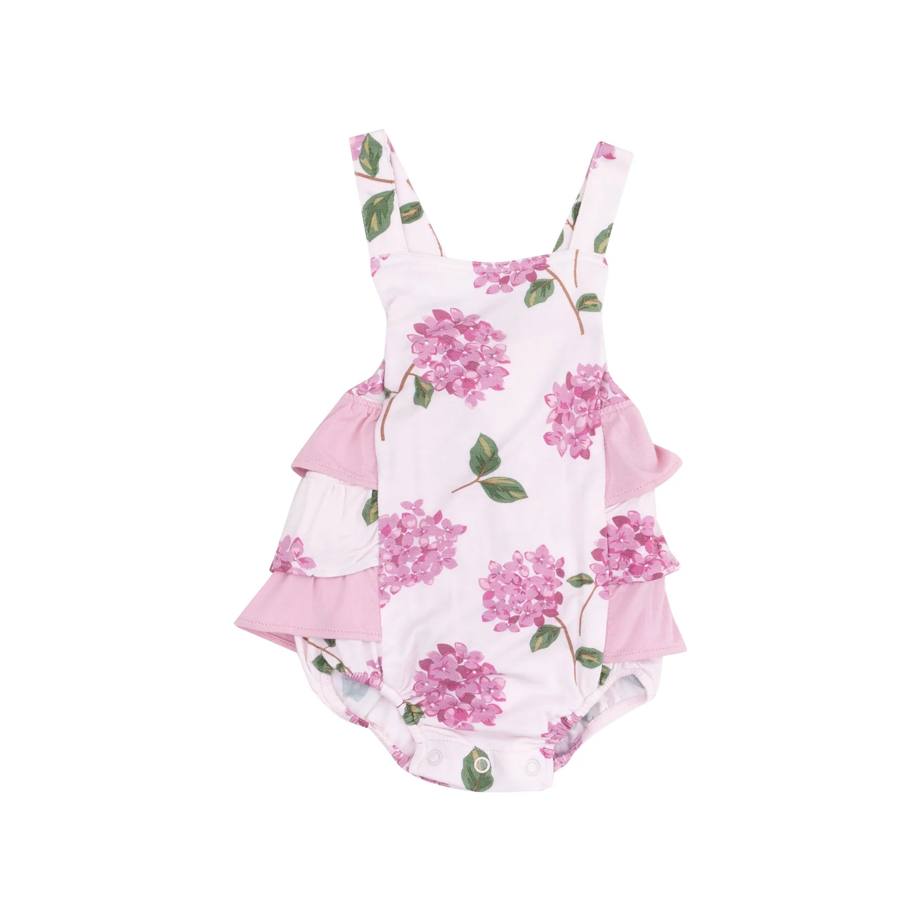 pink baby sunsuit with pink hydrangeas