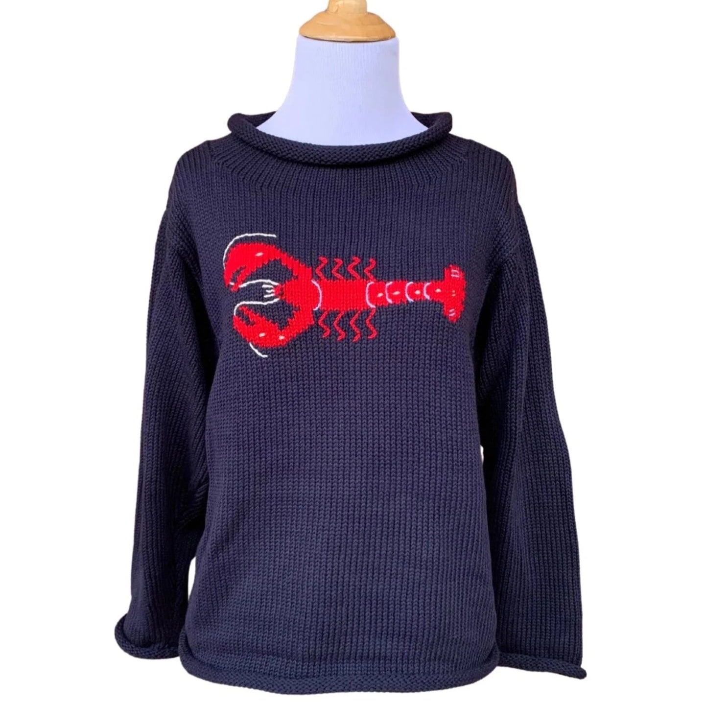 long sleeve navy sweater with horizontal red lobster on front