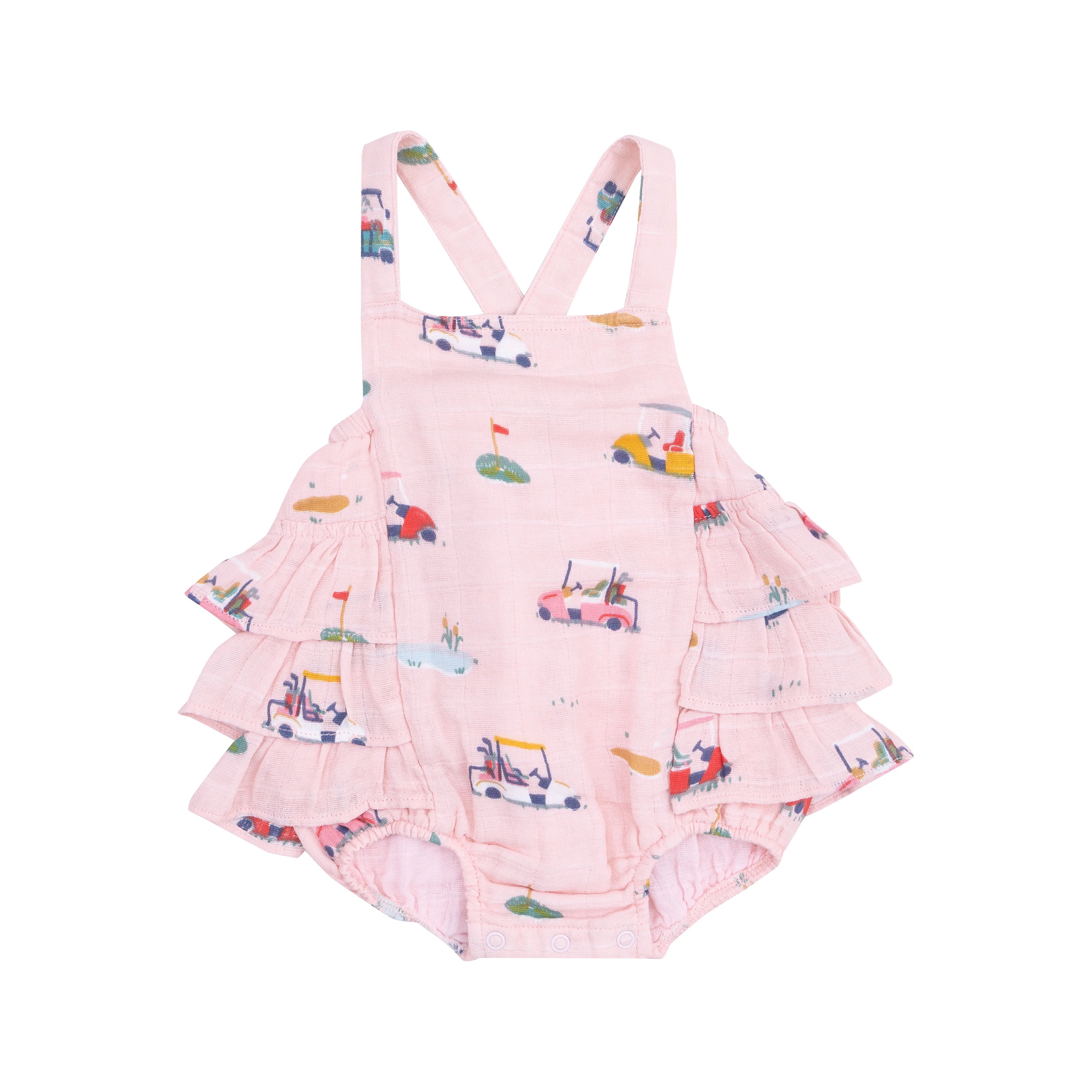pink ruffle sunsuit with golf design