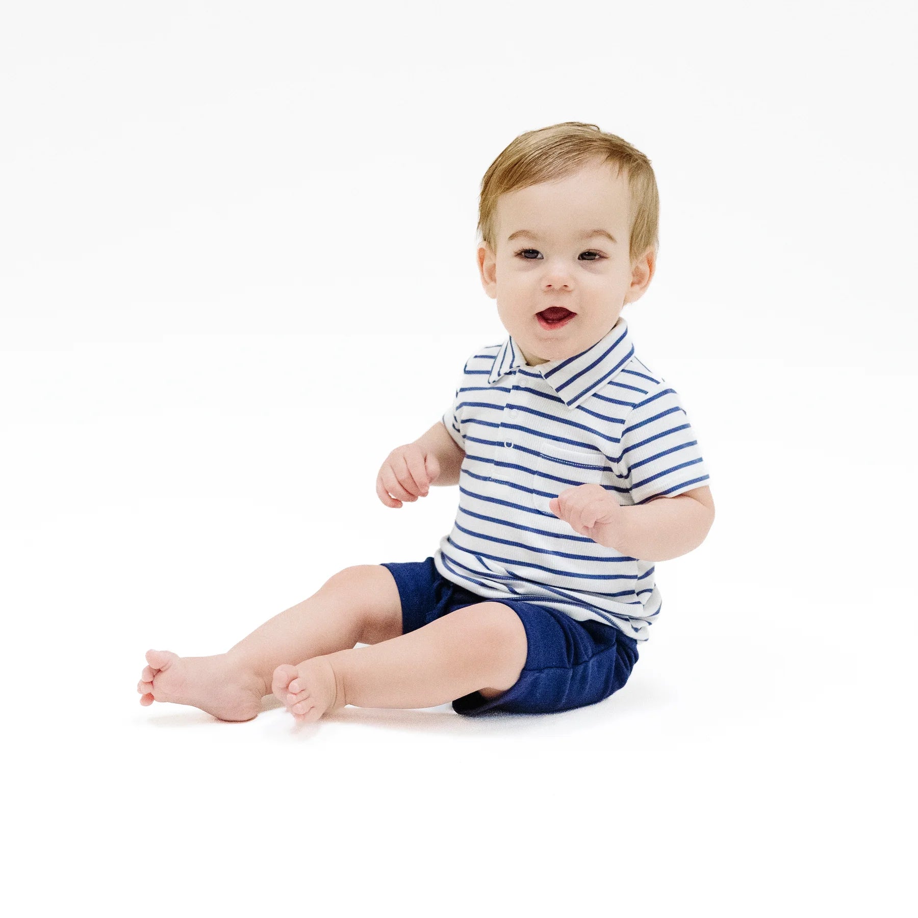 navy stripe polo and navy shorts kids set