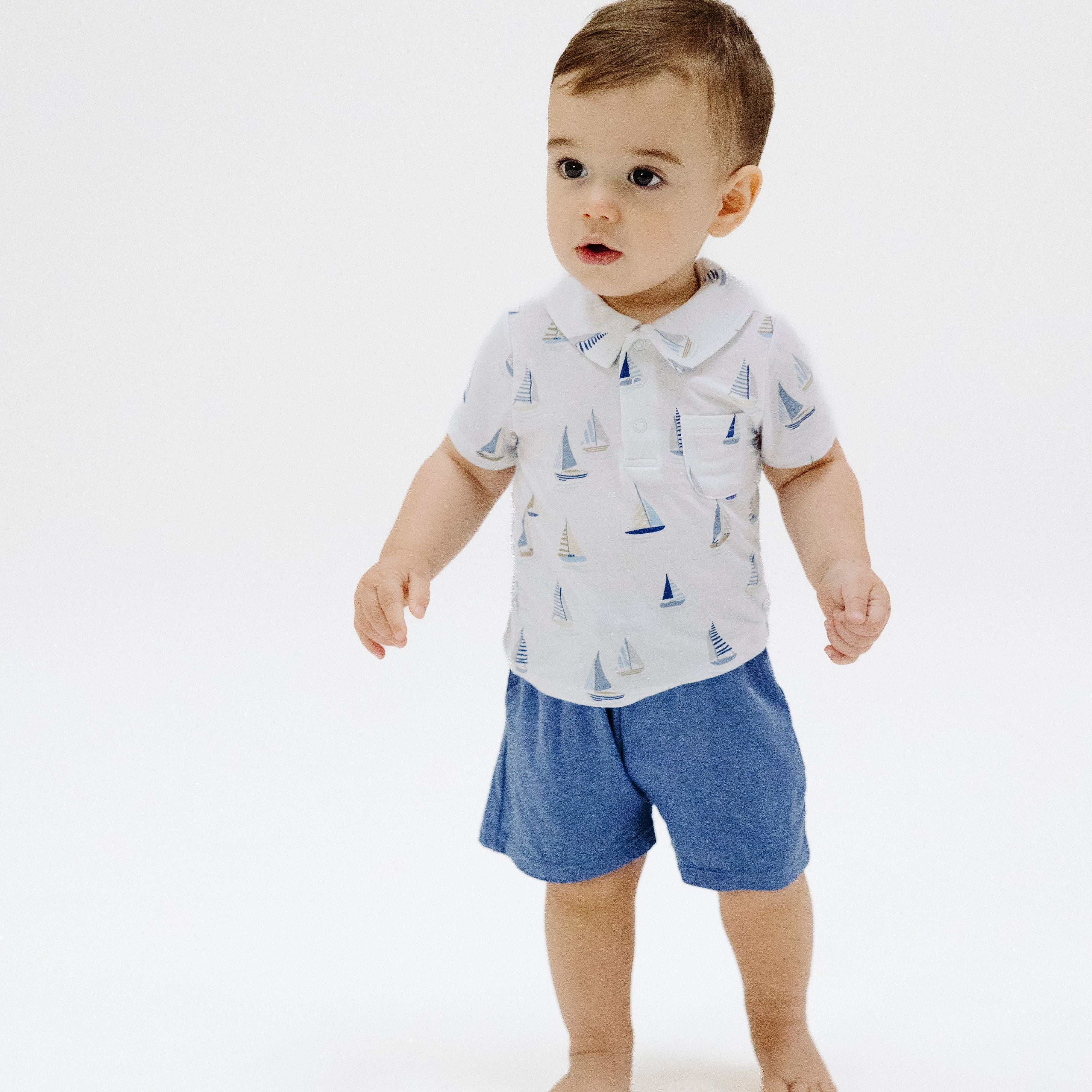 White/Blue Sailboats Polo Shirt & Short 2pc Set