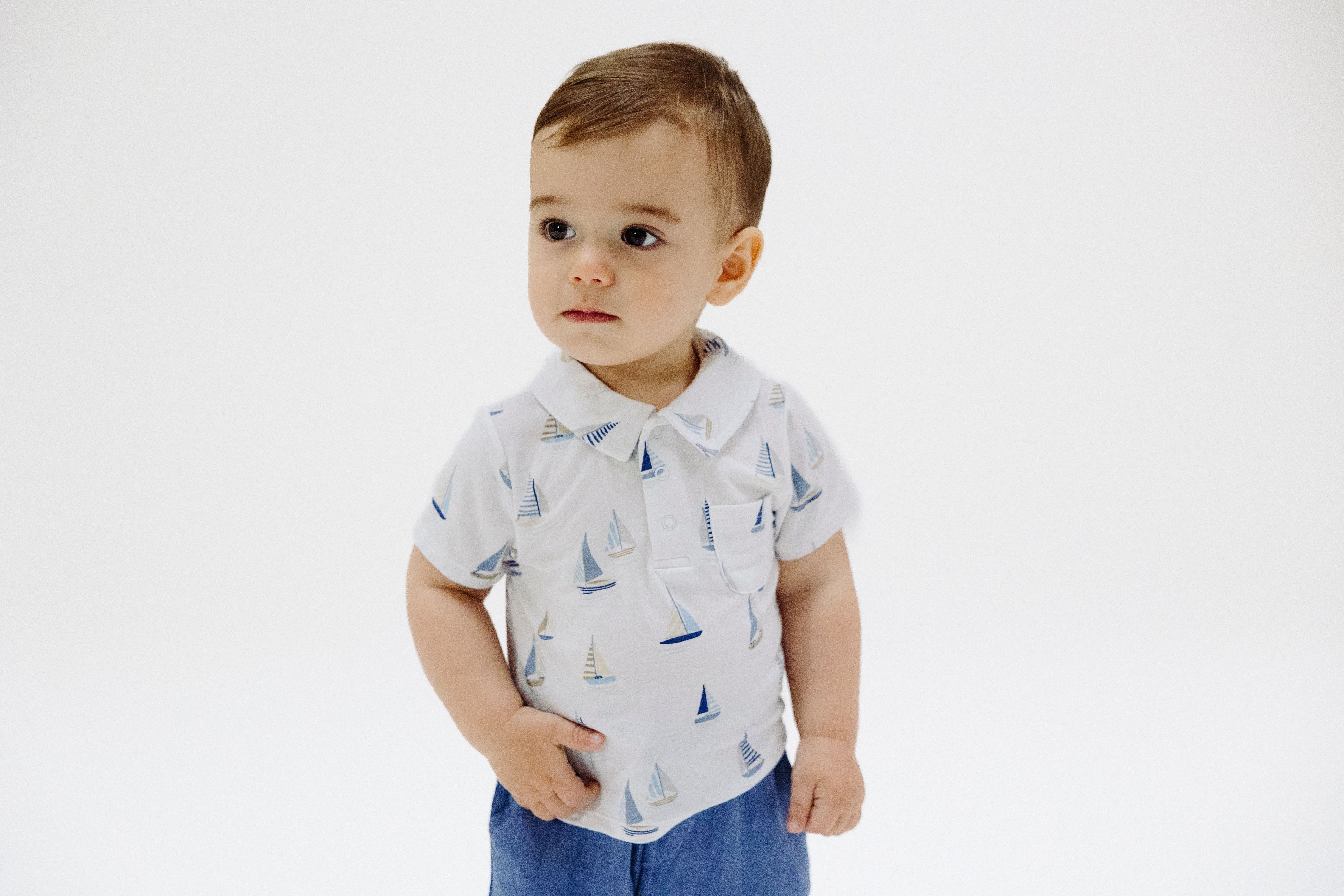 White/Blue Sailboats Polo Shirt & Short 2pc Set