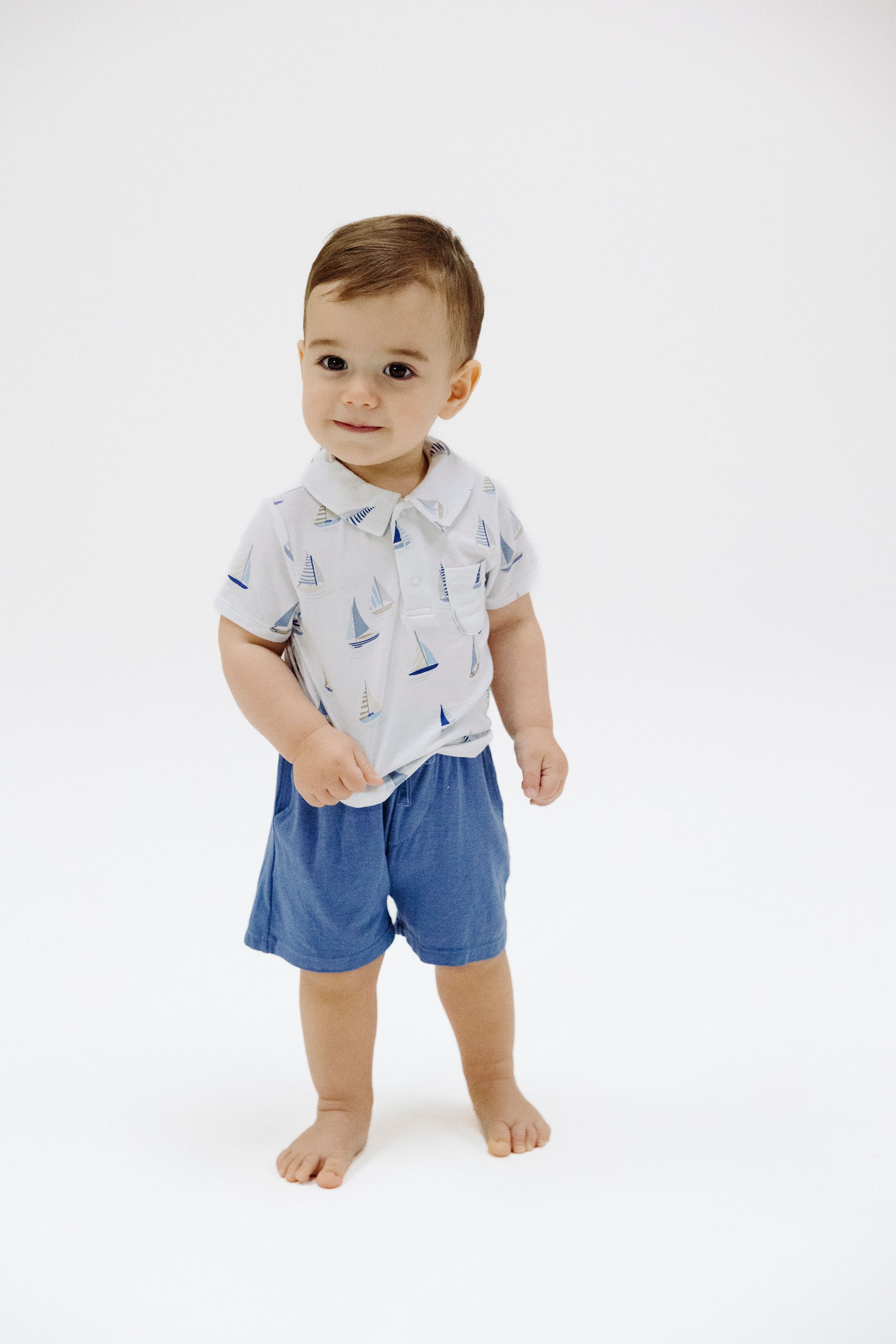 White/Blue Sailboats Polo Shirt & Short 2pc Set
