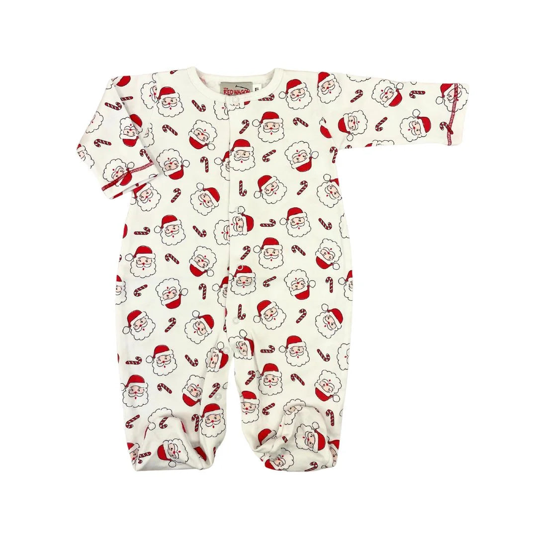 white long sleeve footie with santa and candy cane print