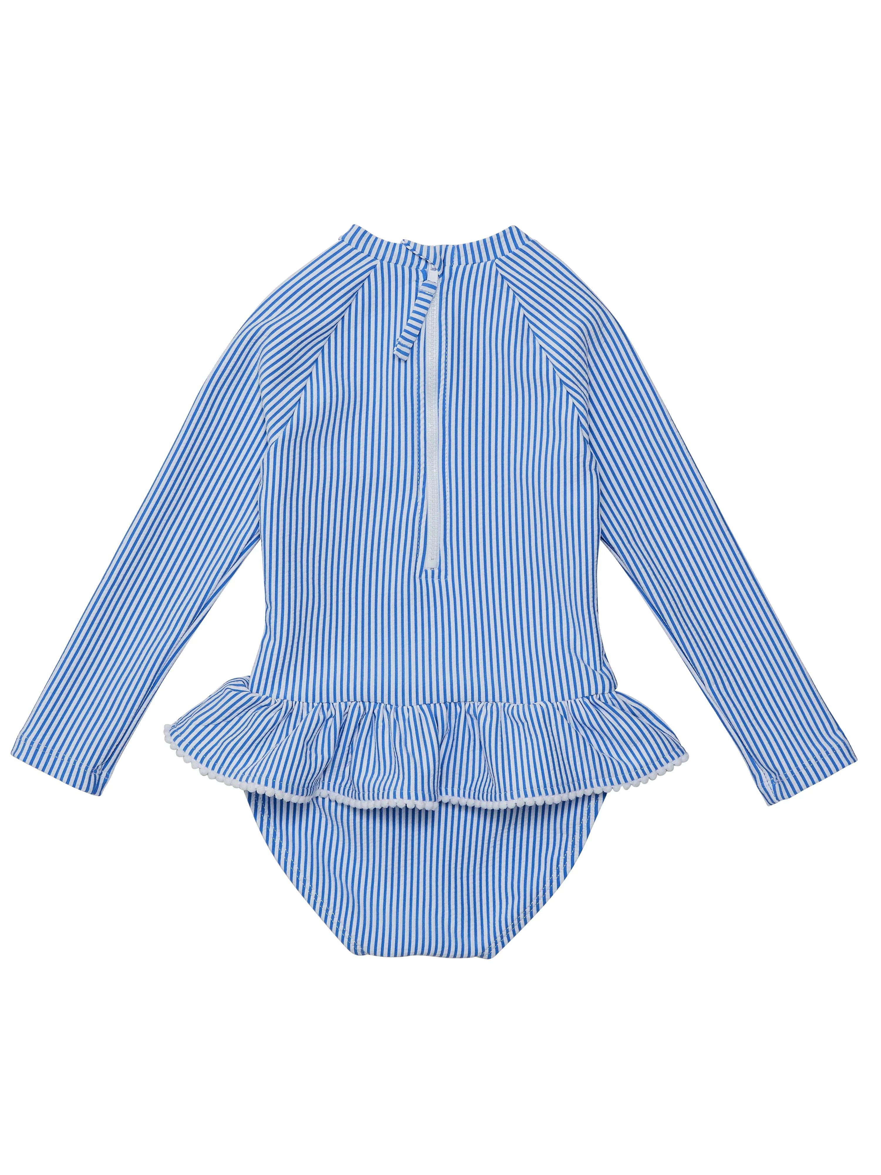 blue striped swimsuit with long sleeves and skirt