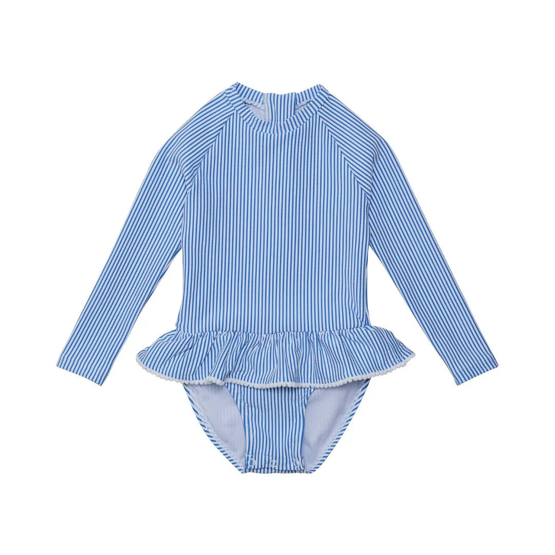 blue striped swimsuit with long sleeves and skirt