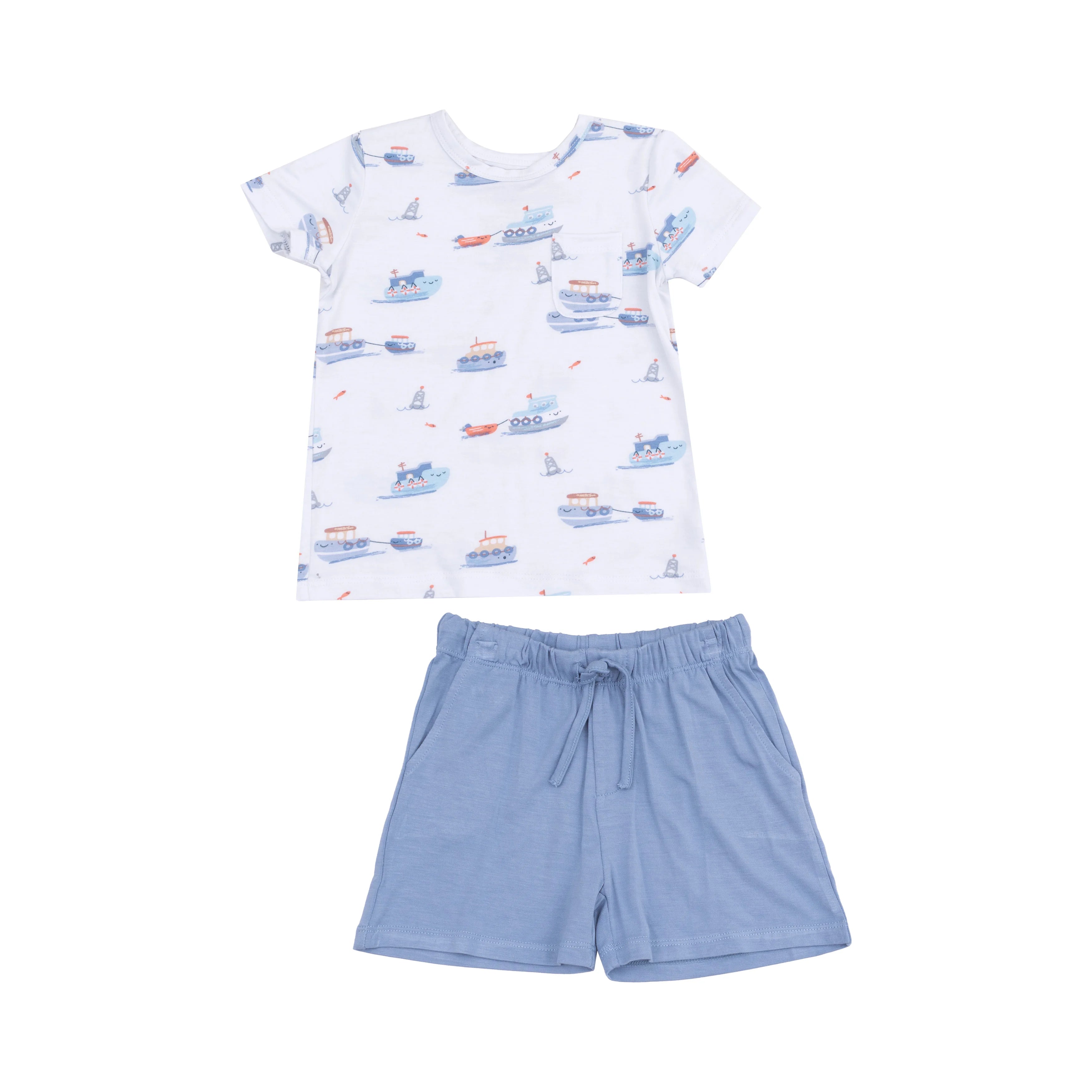 White/Blue Tugboats Crewneck Tee & Short 2pc Set