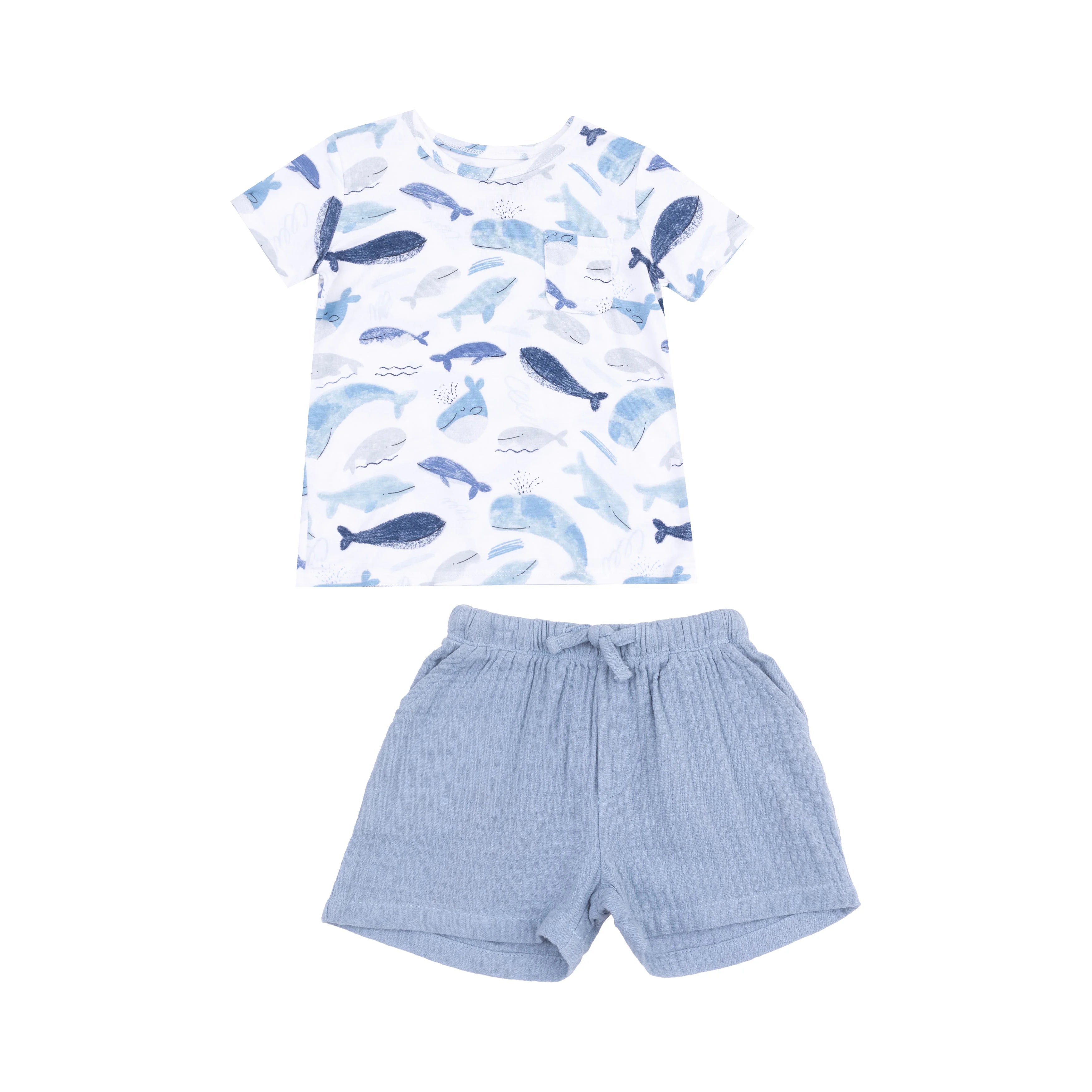 white shirt with whale print all over and blue muslin shorts