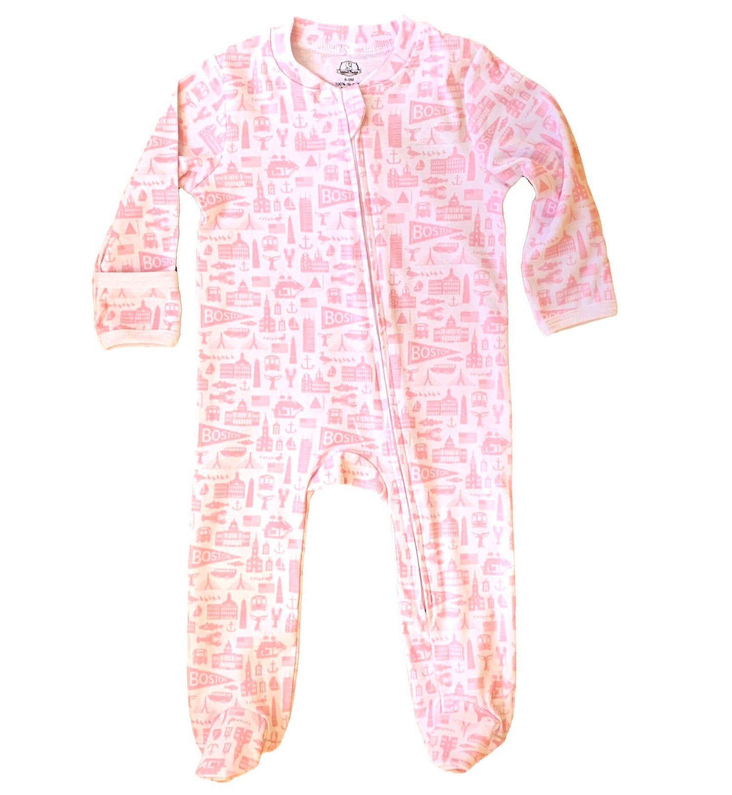 white and pink onesie with boston icon designs all over