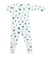 white long sleeve and long pant pajamas with green shamrocks all over