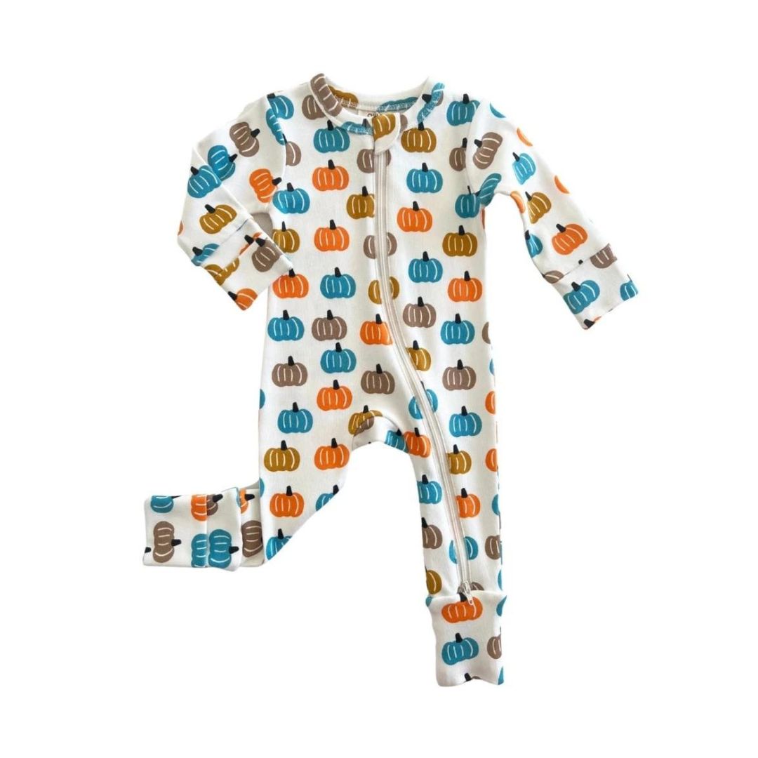 baby romper with blue, tan, orange and gray pumpkins all over