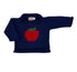 long sleeve navy blue sweater with red apple in center