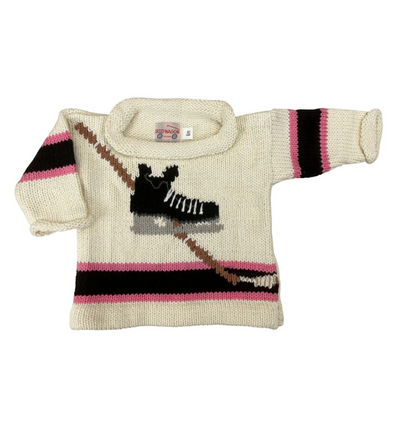 ivory long sleeve sweater with hockey skate and stick with pink and black stripe on waist and each sleeve