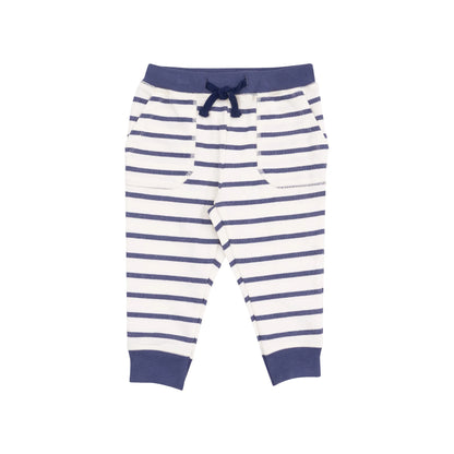 navy and white striped french terry hoodie and jogger set