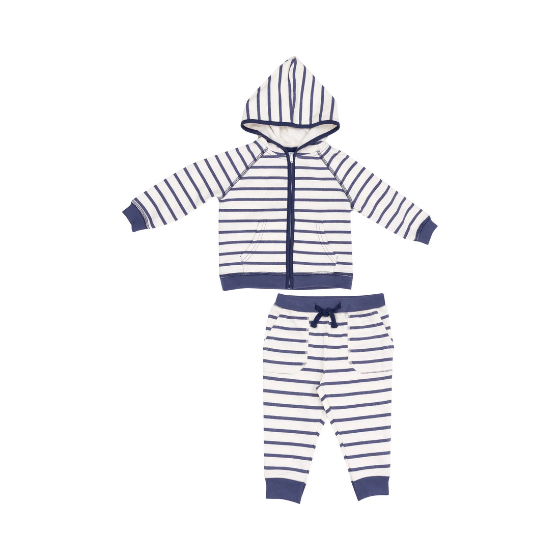 navy and white striped french terry hoodie and jogger set