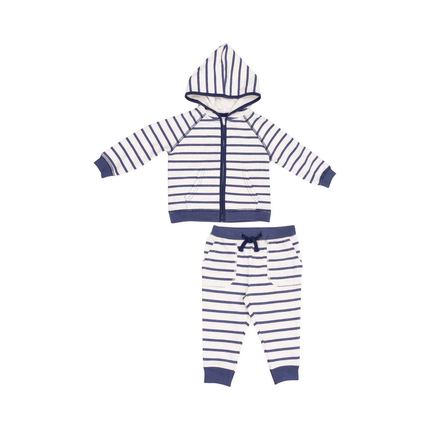 navy and white striped french terry hoodie and jogger set