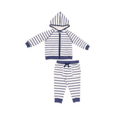 navy and white striped french terry hoodie and jogger set