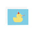 baby card with rubber ducky wearing a party hat and blowing a party horn