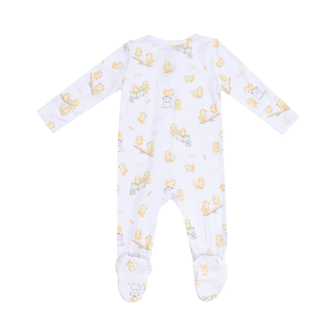 white baby footie with chicks design