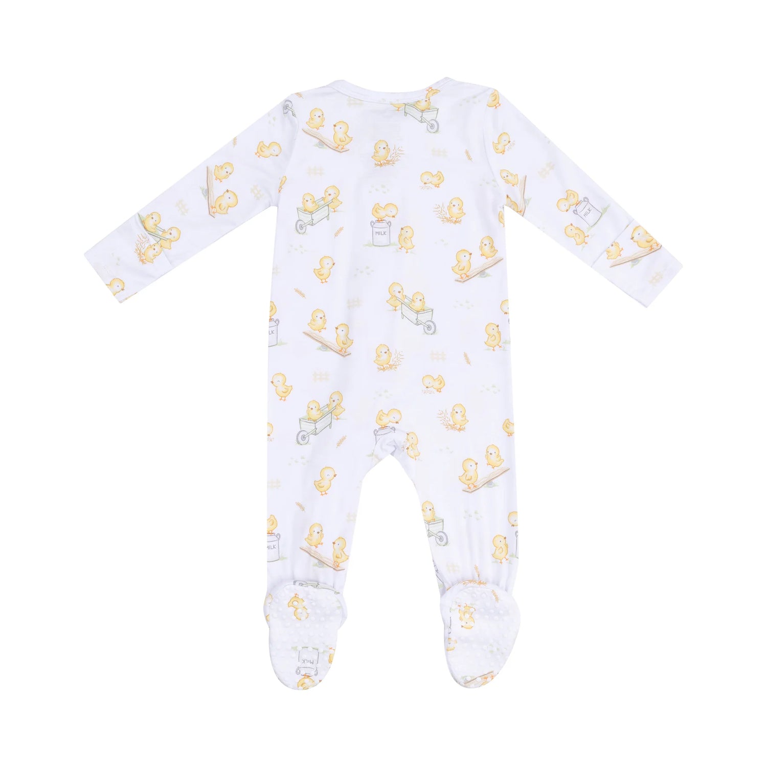 white baby footie with chicks design