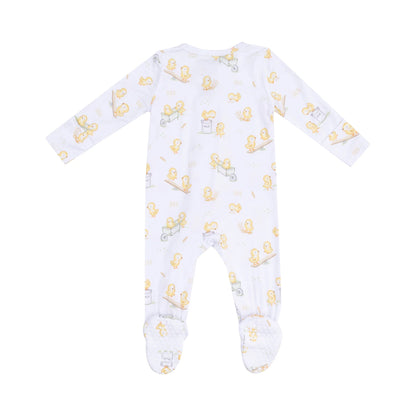 white baby footie with chicks design