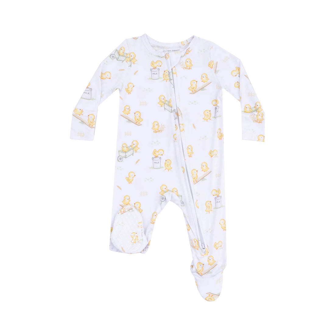 white baby footie with chicks design