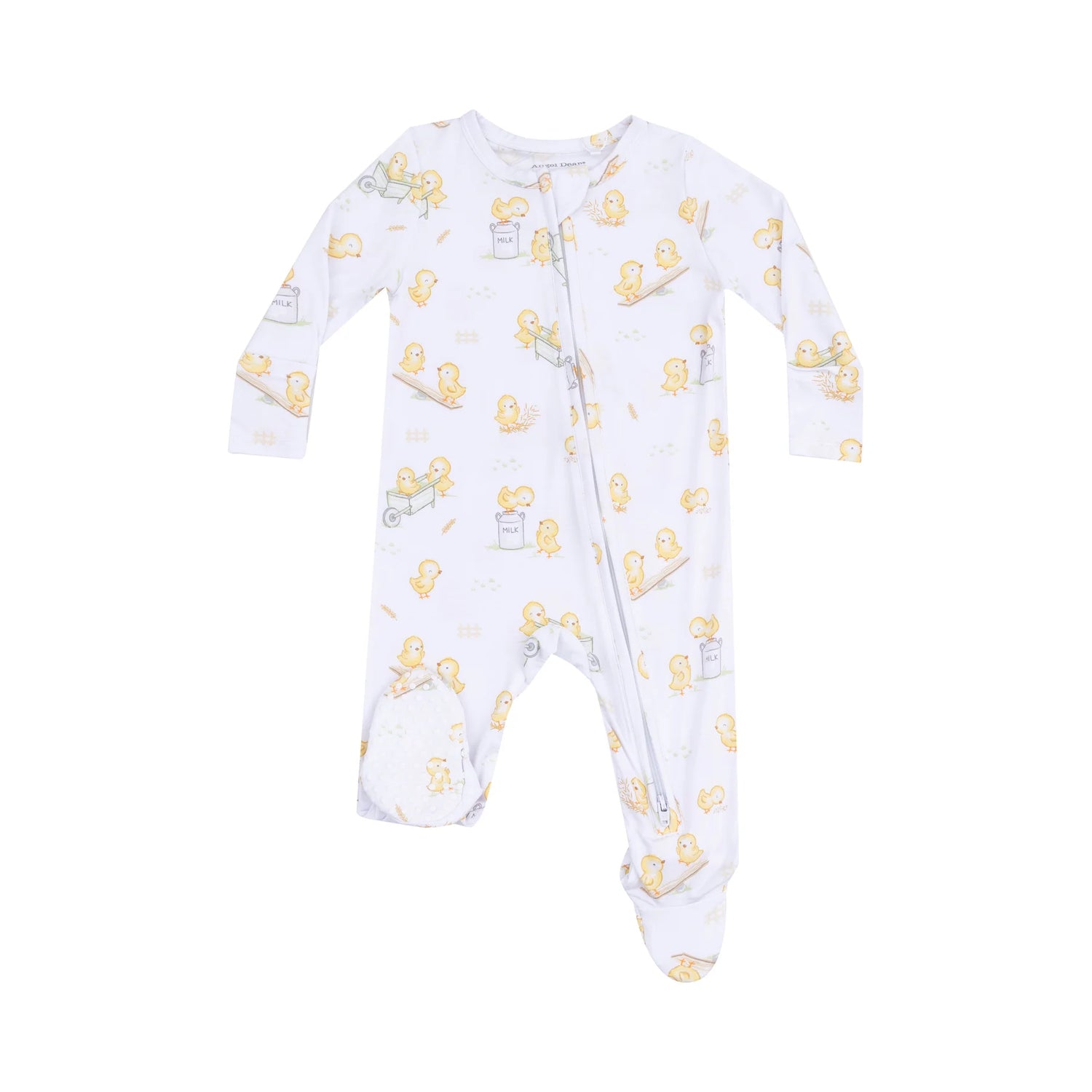 white baby footie with chicks design