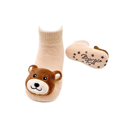 tan baby socks with teddy bear rattles on toes