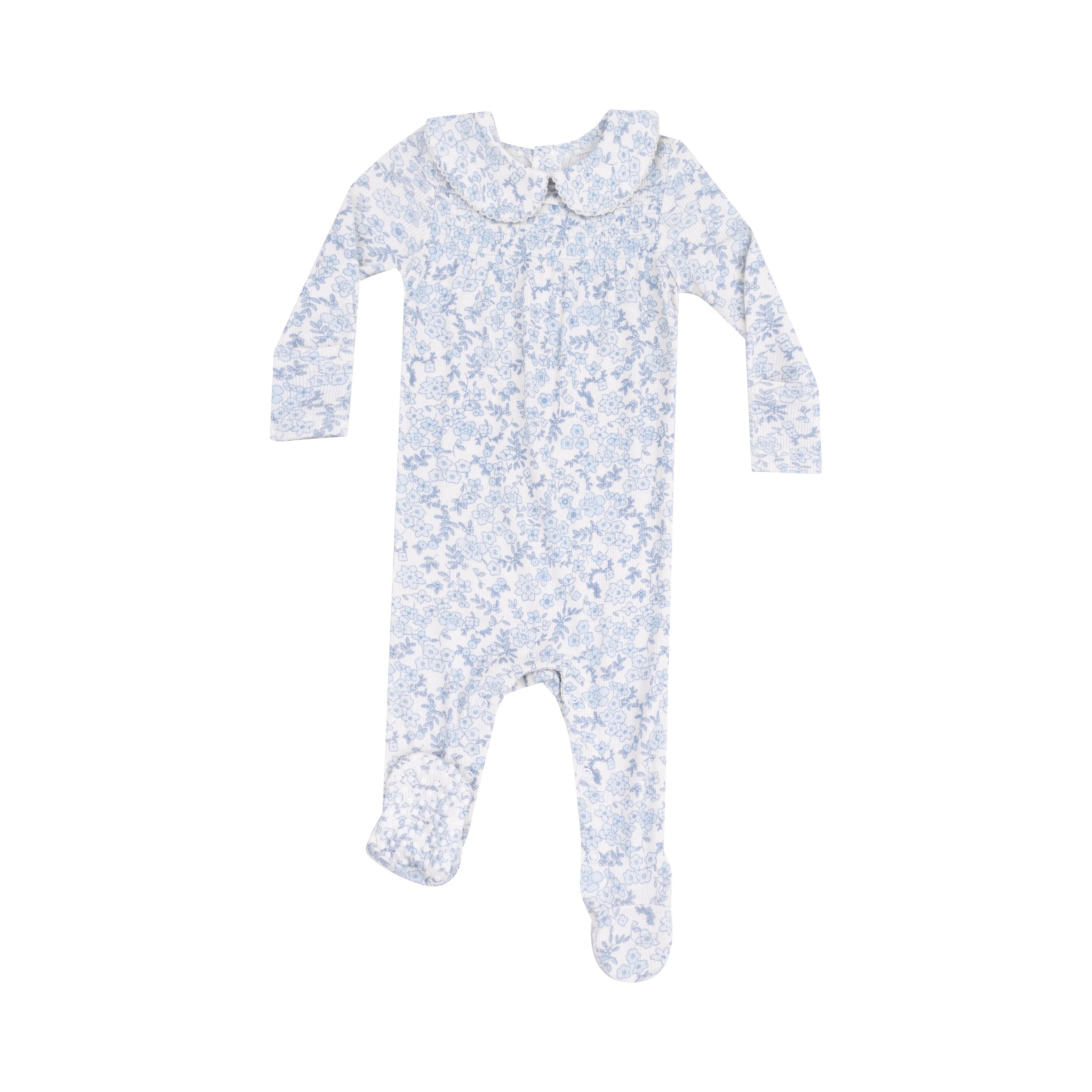 delicate blue floral calico baby footie