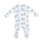 white footie with blue farm toile