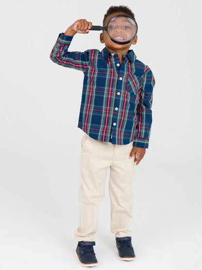 blue plaid boys holiday shirt