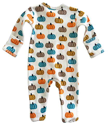 baby footie with blue, tan, gray and orange pumpkins