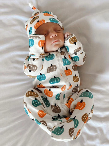 baby footie with blue, tan, gray and orange pumpkins