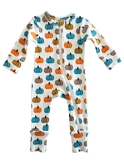 baby romper with blue, tan, orange and gray pumpkins all over