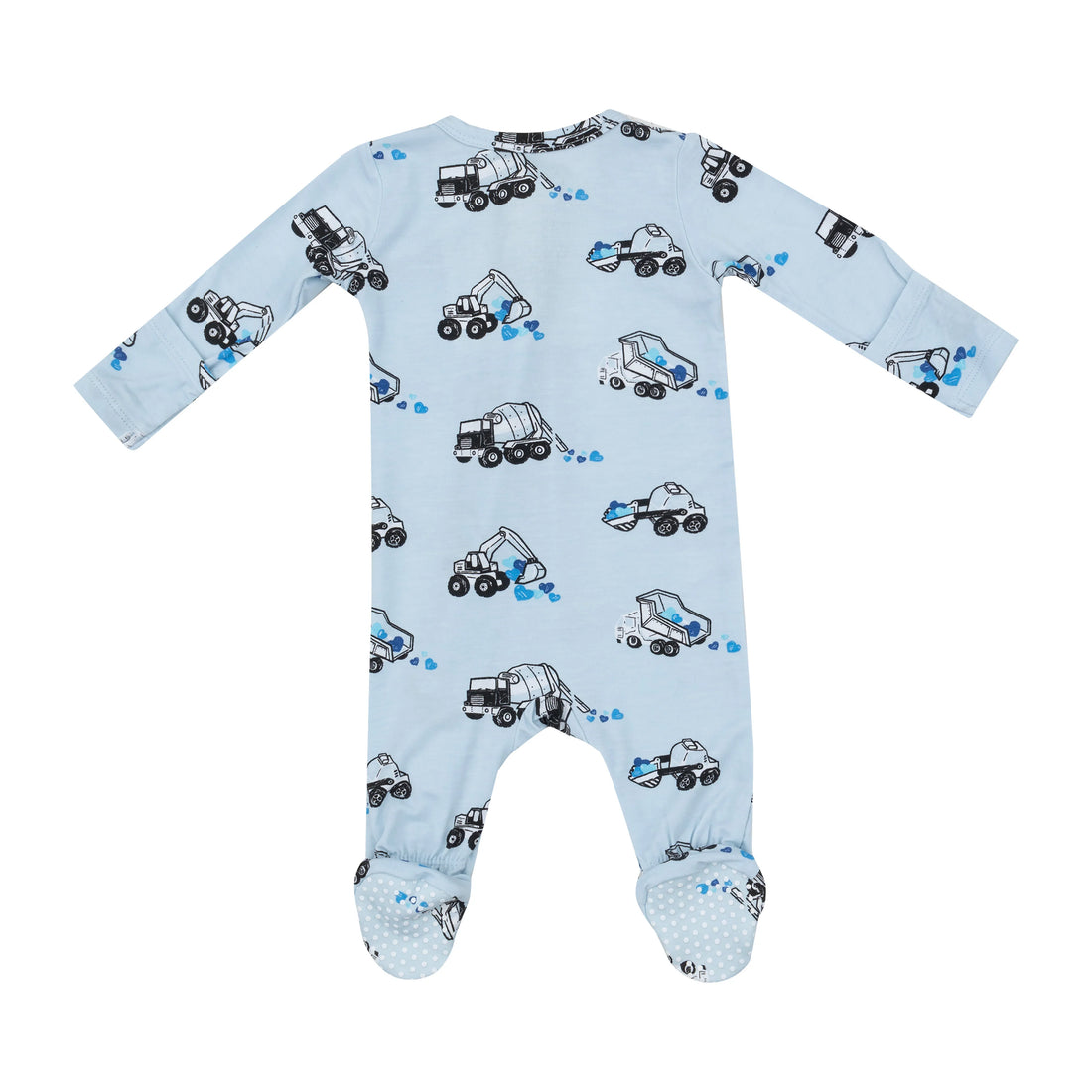 blue long sleeve footie with construction trucks that are moving multi blue color hearts