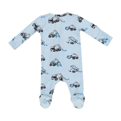 blue long sleeve footie with construction trucks that are moving multi blue color hearts