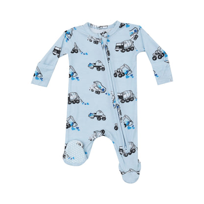 blue long sleeve footie with construction trucks that are moving multi blue color hearts