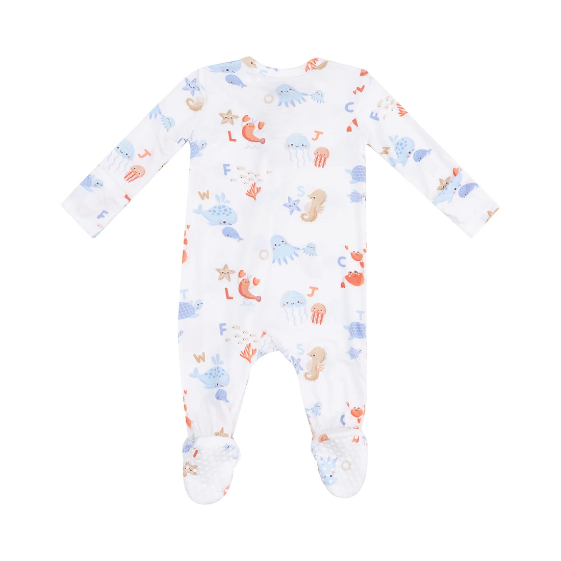 white footie with nautical print and alphabet letters