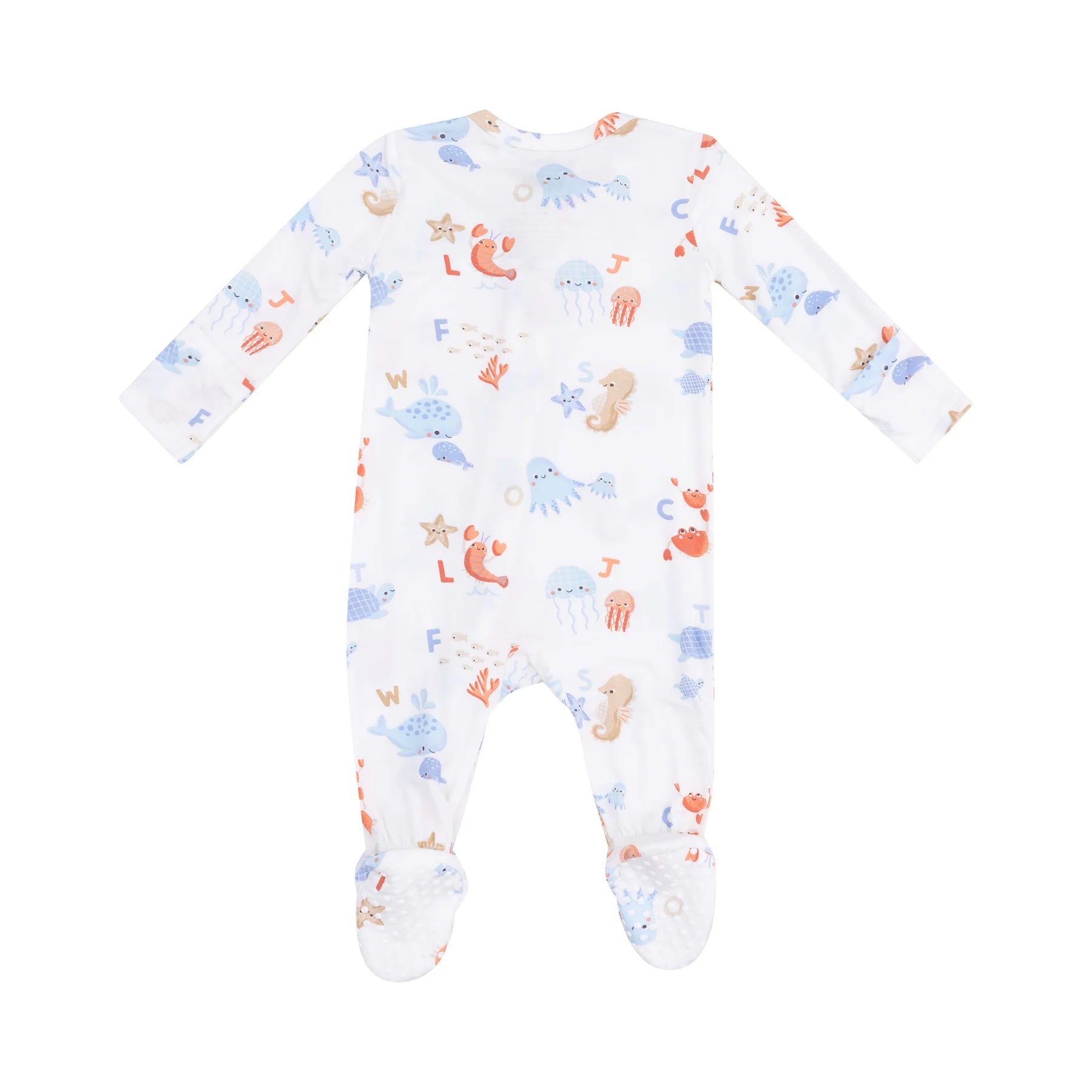 white footie with nautical print and alphabet letters
