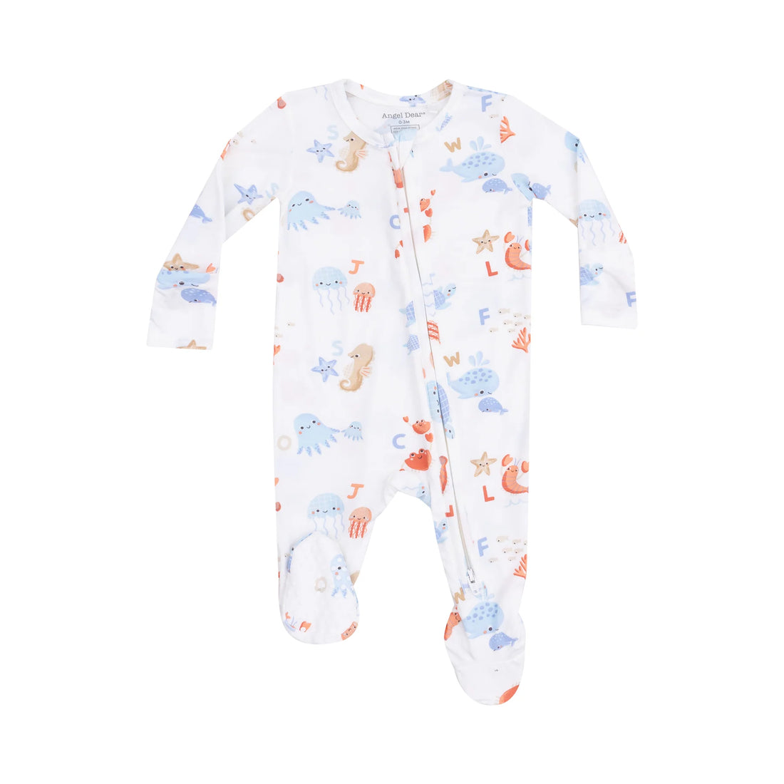 white footie with nautical print and alphabet letters