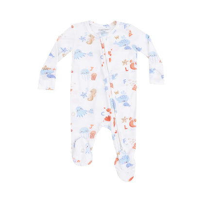 white footie with nautical print and alphabet letters