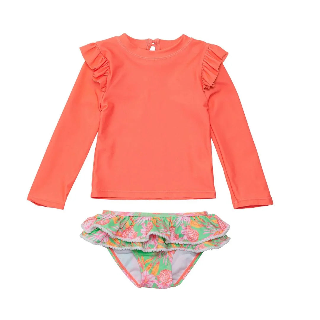 coral rashguard top and coastal shells bottom